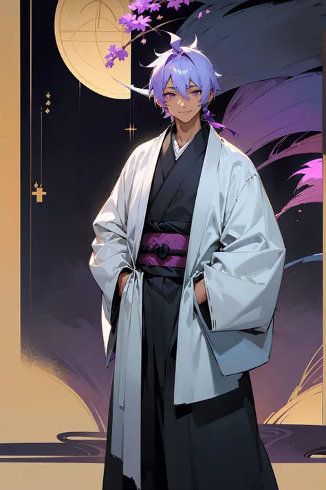 1male, tan skin, teenager, blind eyes, light blue hair, dark purple hair, half blue half purple hair,, smiling expression, open black and white ukata, old japanese background, , detailed background, detailed face, standing on path, hand to side