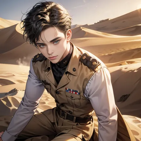 Masterpiece, high quality, best quality, 3D HD, realistic, perfect lighting, detailed body, Quiff hairstyle, 1 Man, military at war, desert background