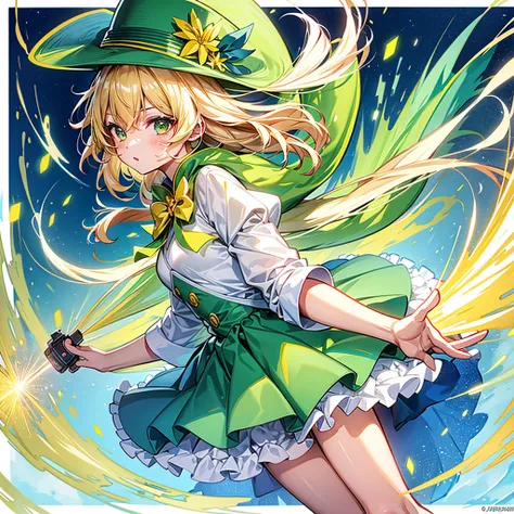 1girl、Dynamic composition、Yellow-green laser、Handsome face、(((Best Quality、Masterpiece、Official Art、Anime Style、The best dynamic composition、超detailed)))、Shine Muscat personification，Yellow-green hunting hat and coat，Light soft color coat and hat，Super hug...