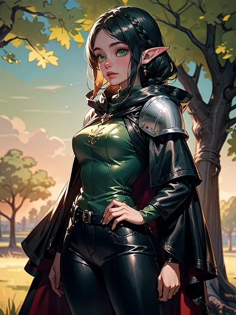 medieval setting, full view of body, (detailed elf ear, 1 woman, elven featured face, beautiful green eyes, black hair), (leather armor, black leather pants, leather hooded cape, braided leather, elven design), (oak forest, sunset background, giant oak tre...