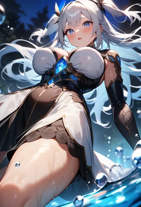 1girl,solo,super detailed skin,shiny skin,wet oily skin, expressionless face,half open mouth,eyelashes,silver hair,two side up,long hair,large breasts,unique and complex clothes,night fantasy pond,luminous pond,luminous water,luminous splashes,luminous wat...