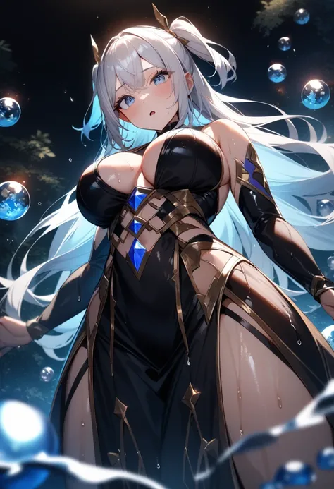 1girl,solo,super detailed skin,shiny skin,wet oily skin, expressionless face,half open mouth,eyelashes,silver hair,two side up,long hair,large breasts,unique and complex clothes,night fantasy pond,luminous pond,luminous water,luminous splashes,luminous wat...