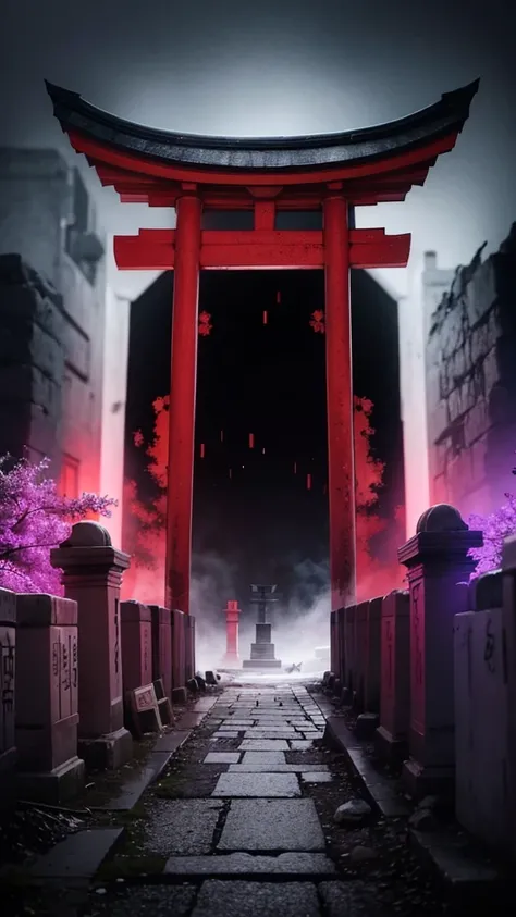 A creepy horror video of a broken vermilion torii gate, countless broken gravestones, and a dark, smelly atmosphere.