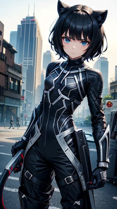 Black short-haired girl with doll head and flat chest，Black panther ears，Black Panther Tail，Ninja clothing，Hand guard，long pants，ruined city