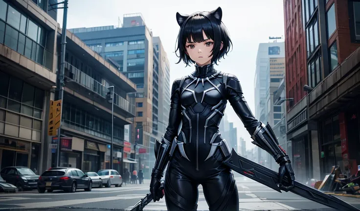 Black short-haired girl with doll head and flat chest，Black panther ears，Black Panther Tail，Ninja costumes，Hand guard，long pants，ruined city