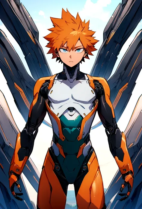 (masterpiece, best quality:1.2), solo, male focus, 1boy, anime boy, short orange hair, blue eyes, teenager, toned slender body, anime style, my hero academia style, android, humanoid robot, robotic features