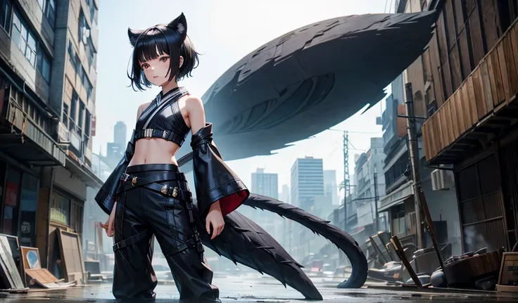 Black short-haired girl with doll head and flat chest，Black panther ears，Black Panther Tail，Short-sleeved Kimono Top，Bare arms，Hand guard，long pants，ruined city