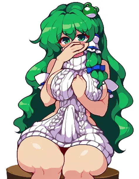 Expressive, score_9, score_8_up, score_9_up, Touhou, masterpiece, high quality, highly detailed, 1girl, kochiya sanae, solo, green hair, long hair, green eyes, long hair, big breasts, blush, round breasts,,,,,, frog hair ornament, hair tubes, snake hair or...