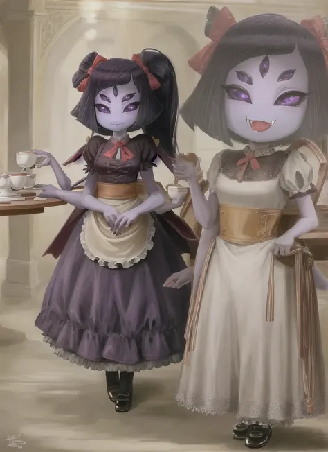 ((best quality)), ((highly detailed)), masterpiece, ((official art)), detailed face, beautiful face, (detailed eyes, deep eyes), (1girl:1.33, solo), Muffet(Undertale), waitressoutfit, 5 eyes, spider girl, (6 arms), detailed hands, ((fangs)), purple eyes, (...