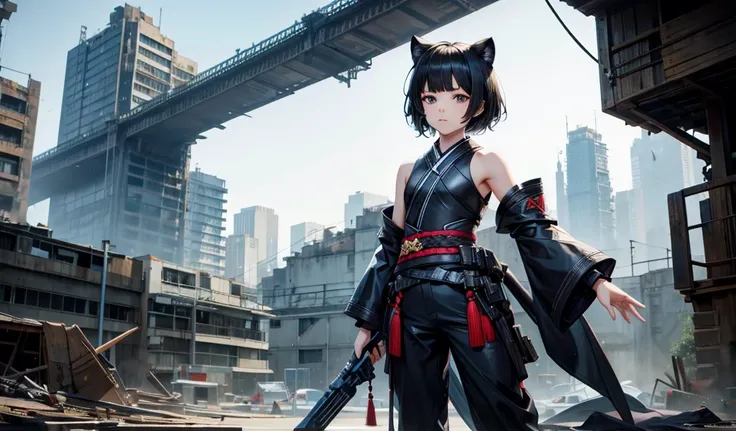 Black short-haired girl with doll head and flat chest，Black panther ears，Black Panther Tail，Short-sleeved Kimono Top，Bare arms，Hand guard，long pants，ruined city