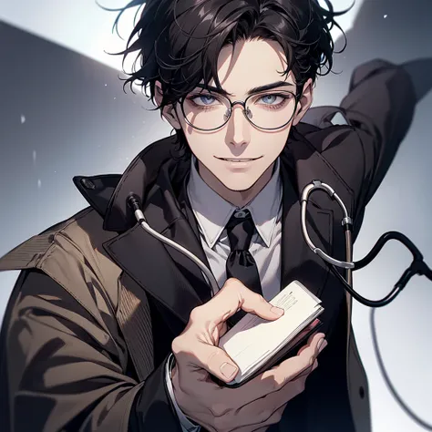 1 boy,Handsome face, Perfect Male Body,Looking at the camera, Psychiatric doctor with blood on his face, (Wicked Smile,doctor, Black coat, notebook in hand,Stethoscope, Glasses)ward,Dim Light,Dark Room,masterpiece,Half Body, Portraiture,Ray Tracing, Look a...