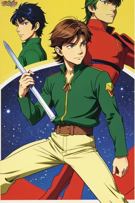 a cartoon of a man dressed in a green outfit holding a sword, an album cover inspired by Junpei Satoh, tumblr, fine art, boromir in an 80s anime world, vincent di fate nausicaa, peter pan, dandy from space dandy anime, tom holland as peter pan, anime cels,...