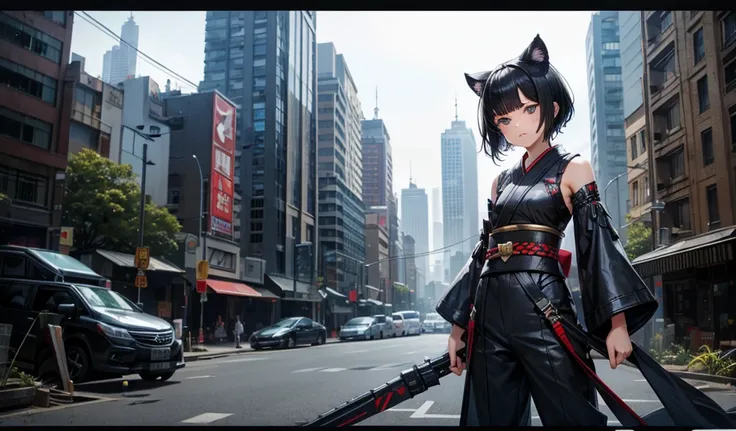 Black short-haired girl with doll head and flat chest，Black panther ears，Black Panther Tail，Short-sleeved Kimono Top，Show your arms，Hand guard，long pants，ruined city