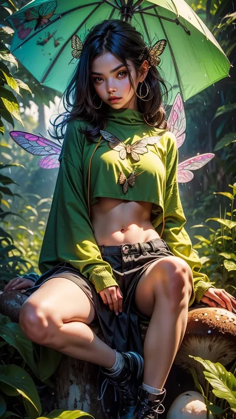 Faery with ((Insect wings)) that looks Verry Cute, sitting on Mushroom ,green under clothes, bare midriff, Holding A Big Leave as Umbrella