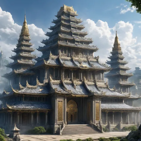 ((best quality)), ((masterpiece)), ((realistic,digital art)), (super detailed), (grand temple of war godess), view from the ground, (style medieval fantasy)