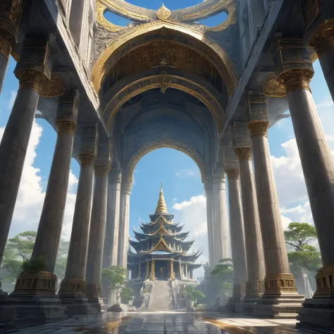 ((best quality)), ((masterpiece)), ((realistic,digital art)), (super detailed), (grand temple of war godess), view from the ground, (style medieval fantasy)