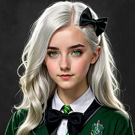 Make a digital realism drawing, about a white haired girl with green eyes and a hogwarts slytherin house uniform. 
Her hair is short to her shoulders and she has a black bow in her hair.