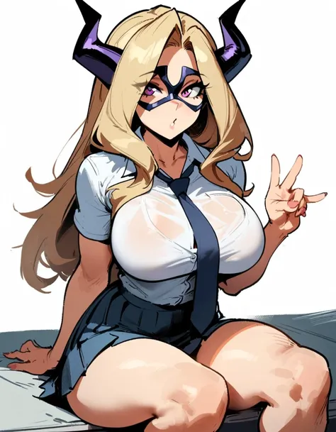 1girl, mount lady, boku no hero academia  masterpiece, best quality, very aesthetic, absurdres, newest  sportive body,    by dodok, nyantcha, cutesexyrobutts, by khyle ///// blonde, purple eyes,  (school uniform:1.2), skirt, , 24 years old, white backgroun...