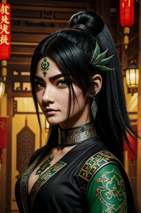 anime style, Women, it would be nice, black hair and green eyes, with three black tails,  with armor with black Chinese decorations with green decorations, black roots embedded in his neck and a tattoo on his face that alludes to roots, threatening happy e...