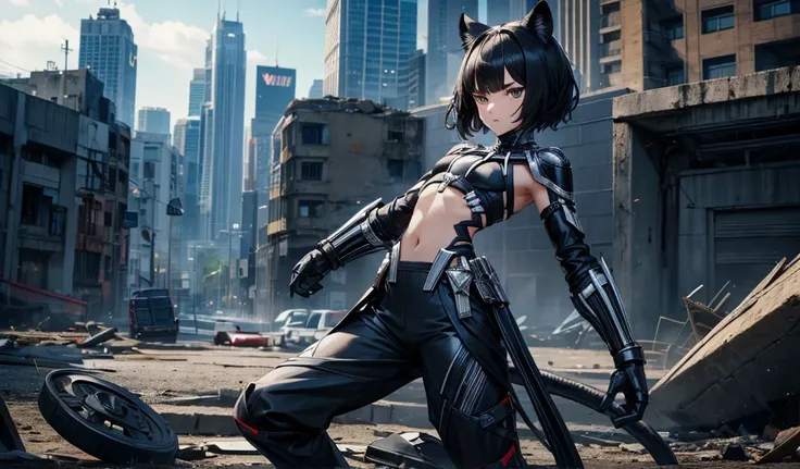 Black short-haired girl with doll head and flat chest，Black panther ears，Black Panther Tail，Ninja top，Show your arms，long pants，ruined city