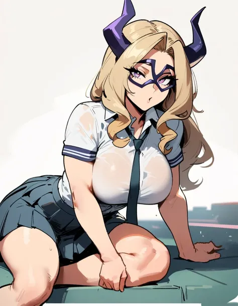 1girl, mount lady, boku no hero academia  masterpiece, best quality, very aesthetic, absurdres, newest  sportive body,    by dodok, nyantcha, cutesexyrobutts, by khyle ///// blonde, purple eyes,  (school uniform:1.2), skirt, , 24 years old, white backgroun...