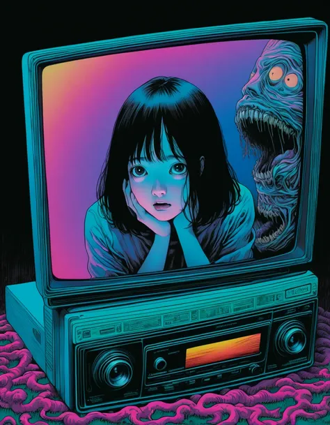 An illustration、art、Supervised by Junji Ito、anxietyの立像、nightmare、anxiety、double image、High detail, Realistic shadows、Analog Style, VHS style, 8mm film, chromatic aberration, DVD Screen Grab、Complementary Gradient、Surrealism