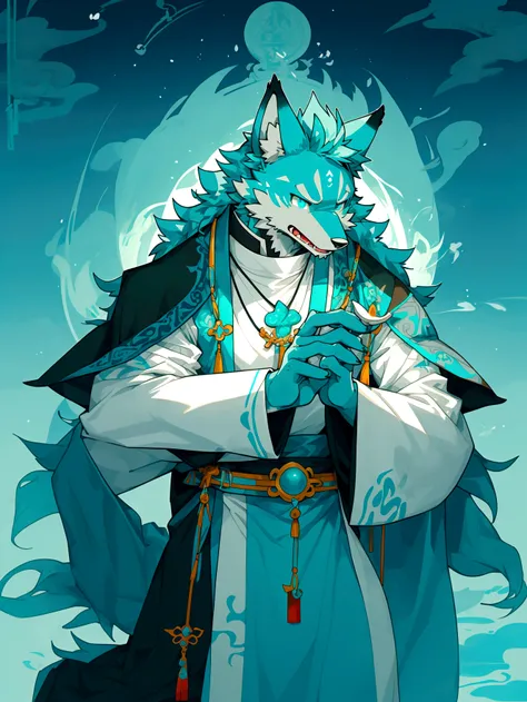 turquoise fur,turquoise eyes，Priest，Fr.，Chinese style，A cartoon image of an anthropomorphic wolf, furry,anthro wolf,priest,monk,magic