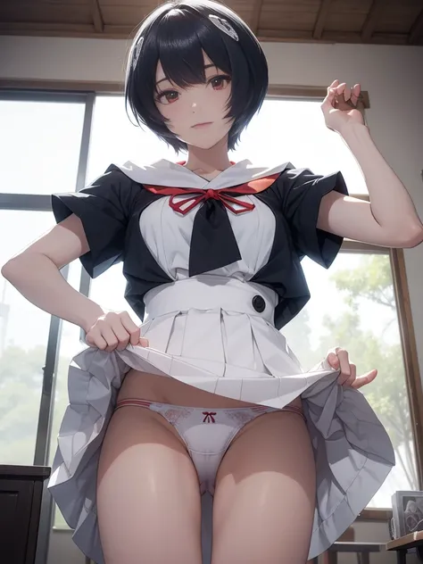 (Tabletop, Highest quality, Super detailed, 8K, wallpaper, Realistic), ((Perfect hands)), ((Perfect Anatomy)), Medium cleavage, Ruins of concrete、 ((Attractive anime one girl)), ((Rei Ayanami)), ((Capture her mysterious beauty with her white skin, The dens...