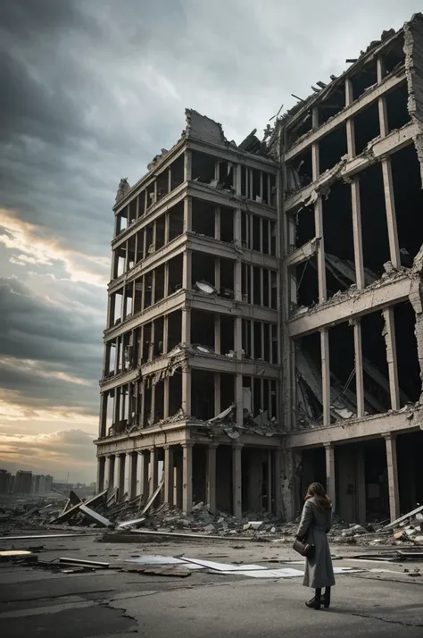 On both sides of the image there are collapsed buildings.,  he is gray sky,In the middle is a woman of approximately 18 years old and she is holding her arm. , digital art style for book cover 