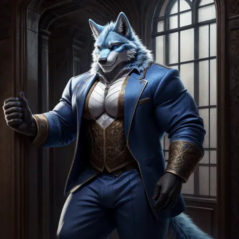 Masterpiece, Solo, Furry Light Blue Wolf, Light Blue Fur,Dark Blue Eyes, Dragon Horns,huge body, Muscular Body, Cool Pose, Charming, Handsome, Good Looking, Casual Outfit