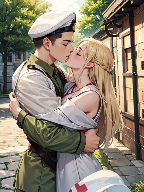 White nurses, camouflage soldiers, kisses, hugs.
