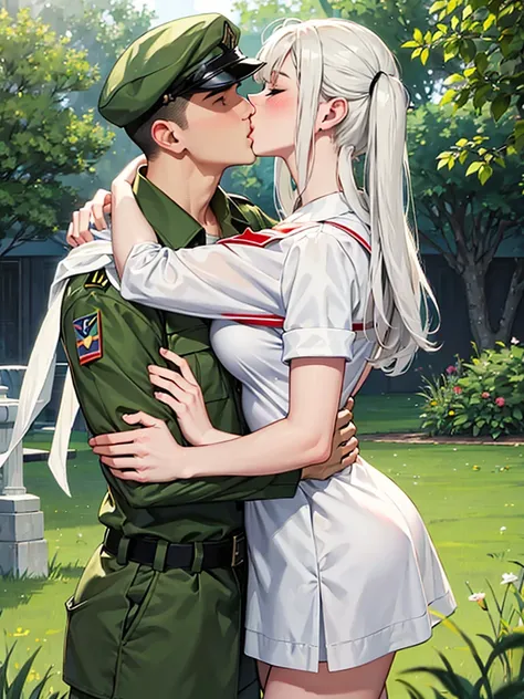 White nurses, camouflage soldiers, kisses, hugs.
