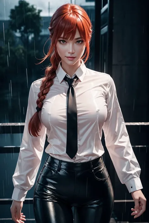 Chainsaw Man,Makima,With bangs,Red Hair,Braids at the back,Golden Eyes,White long sleeve shirt,Black tie,Black Leather Pants,Ultra HD,super high quality,masterpiece,Digital SLR,Photorealistic,Detailed details,Vivid details,Depicted in detail,A detailed fac...