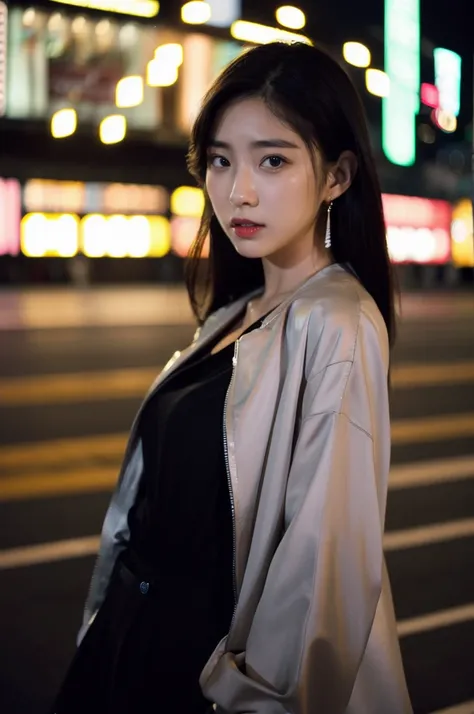 (Cinematic Aesthetic:1.4) Photo of a beautiful korean fashion model bokeh city night