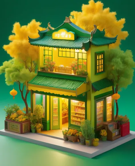 Miniature miniature dollhouse in the style of Cheng Yanjun, vibrant colors, joyful celebration of nature, rendered in cinema4d, yellows and greens, elaborate newsstand, highly realistic, rim light