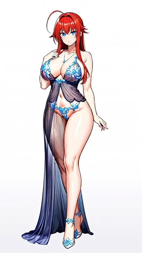 1girl, full body, masterpiece, best quality, perfect detail, ultra detail, blue eyes, rias gremory, ahoge, large breasts, wide hips, thighs, mature female, royal icing, cosplay, see-through, jewelry, lingerie, babydoll