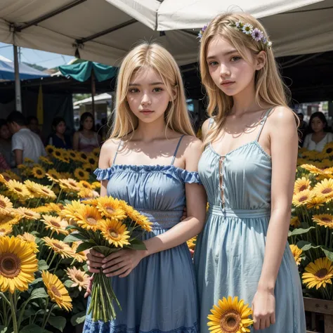 Young 18-year-old güerita.years blue leaves blonde hair more realism flower dress selling gerbera flowers in a market in Mexico
