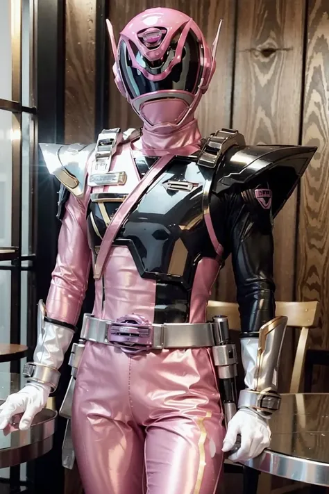 Fantasy background, cafe rpg style, empty chair, table, set of tea glass, (power rangers)), One guy、, ((pink ranger suit)),  chest armor with gold details,   costume, Solo, ((fit figure)), (Anatomically correct), Cowboy shot, masked face, guns, muscular bu...