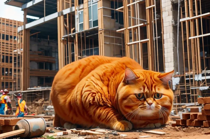 Poor cat is working as a builder on a very heavy building