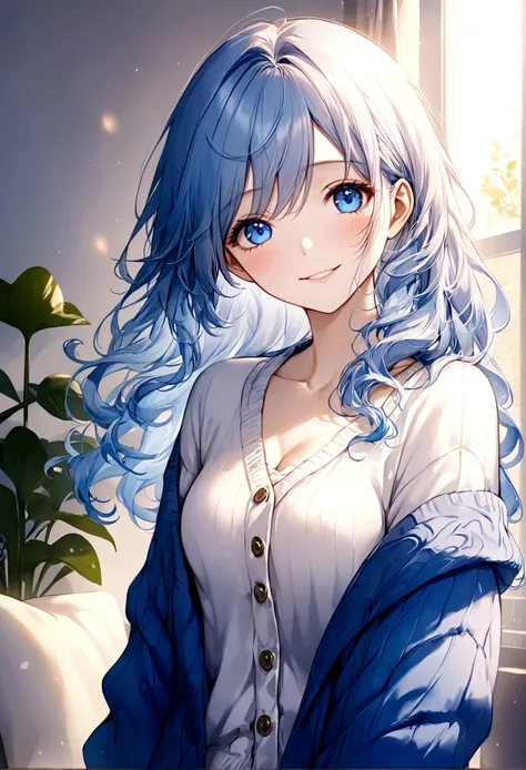 ((top-quality)), ((​masterpiece)), ((ultra-detailliert)), (extremely delicate and beautiful), beautiful woman, bright light blue hair, long wavy hair, sapphire blue eyes, cozy cardigan, white shirt under cardigan, sweet smile, fair complexion, cozy backgro...