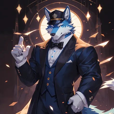 Masterpiece, Solo, Furry Light Blue Wolf, Light Blue Fur,Dark Blue Eyes, Dragon Horns,huge body, Muscular Body, Cool Pose, Charming, Handsome, Good Looking, tuxedo outfit, cap