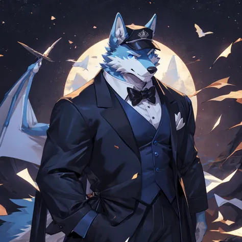 Masterpiece, Solo, Furry Light Blue Wolf, Light Blue Fur,Dark Blue Eyes, Dragon Horns,huge body, Muscular Body, Cool Pose, Charming, Handsome, Good Looking, tuxedo outfit, cap