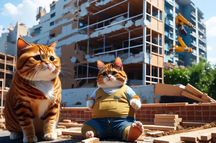 Poor cat is working as a builder on a very heavy building