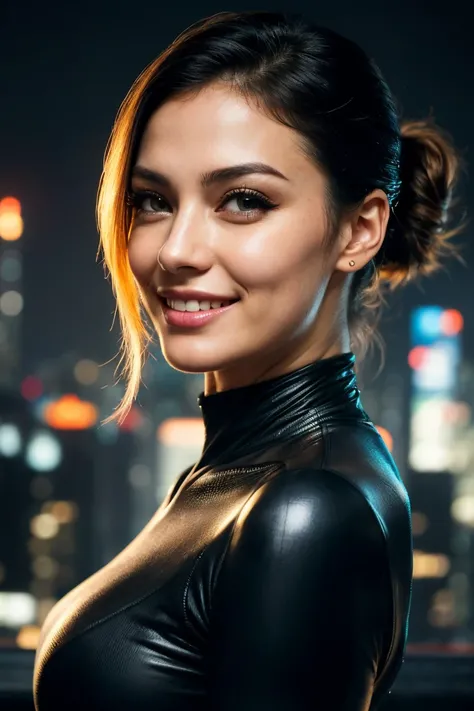 1 woman, looking straight ahead at the camera close up, SMILE, cyberpunk, city at night, Leotard, Jacket, close up, SMILE afectada, happy, Awesome, sexy, enlarged on the face, wallpaper, Club, scarce, See though, old,