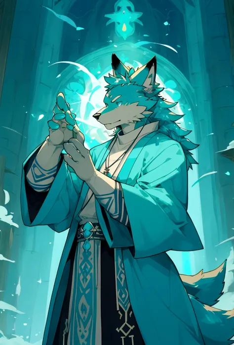 turquoise fur,turquoise eyes，Priest，Fr.，fantasy,A cartoon image of an anthropomorphic wolf, furry,anthro wolf,priest,monk,magic