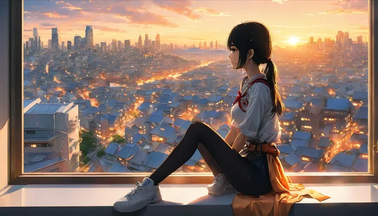 anime girl sitting on a window sill looking out at a city, 4k anime wallpaper, Watching the sunset. anime, anime art wallpaper 4k, anime art wallpaper 4 k, anime art wallpaper 8 k, anime wallpaper 4k, anime wallpaper 4 k, 4K Manga Wallpapers, anime backgro...