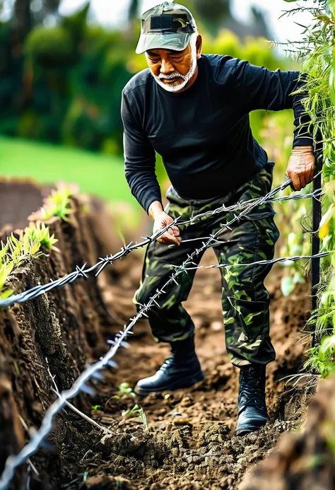 image of a man in his garden placing barbed wire in a trench, 56 year old man dressed in military camouflage pants and black t-s...