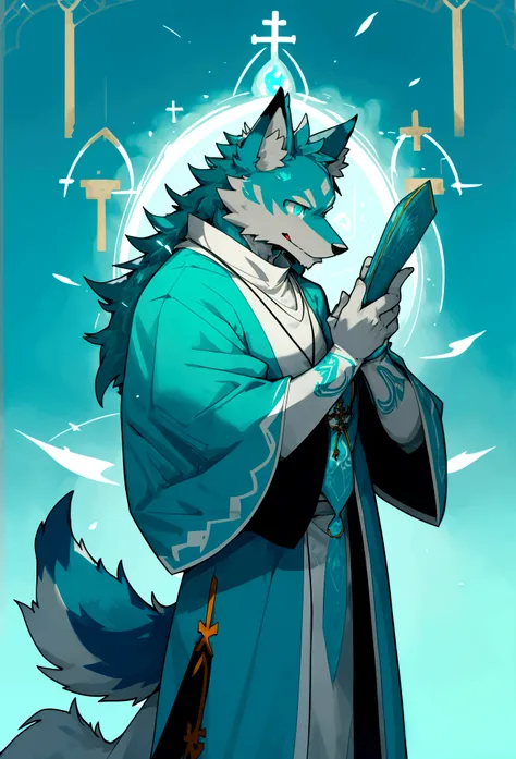 turquoise fur,turquoise eyes，Priest，Fr.，fantasy,A cartoon image of an anthropomorphic wolf, furry,anthro wolf,priest,monk,magic