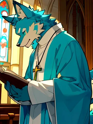 in church,turquoise fur,turquoise eyes，Priest，Fr.，fantasy,A cartoon image of an anthropomorphic wolf, furry,anthro wolf,priest,monk,magic