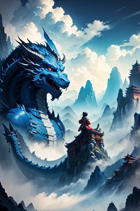 Chinese style, masterpiece, best quality, super detailed, , high contrast, a blue Chinese dragon looks down on the girl, the girl looks at the dragon, fairy mountains, clouds and mist, Chinese style